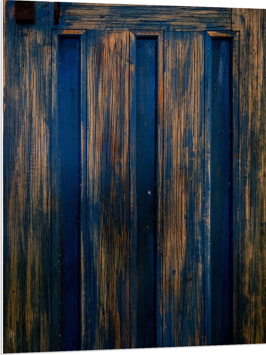 PVC Schuimplaat- Blauwe Verf Afgebladerd op Houten Deur - 75x100 cm Foto op PVC Schuimplaa
