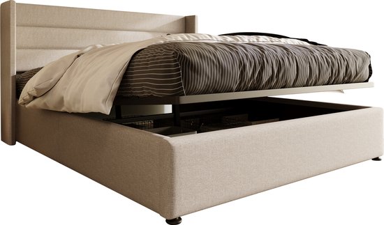 Merax Gestoffeerd Tweepersoonsbed 140 x 200 cm - Hydraulisch Bed met Lattenbodem - Beige