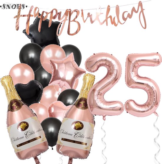 25 Jaar Verjaardag Cijferballon 25 - Feestpakket Snoes Ballonnen Pop The Bottles - Rose Zwart Versiering