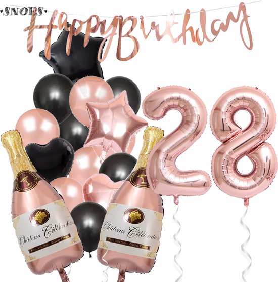 28 Jaar Verjaardag Cijferballon 28 - Feestpakket Snoes Ballonnen Pop The Bottles - Rose Zwart Versiering