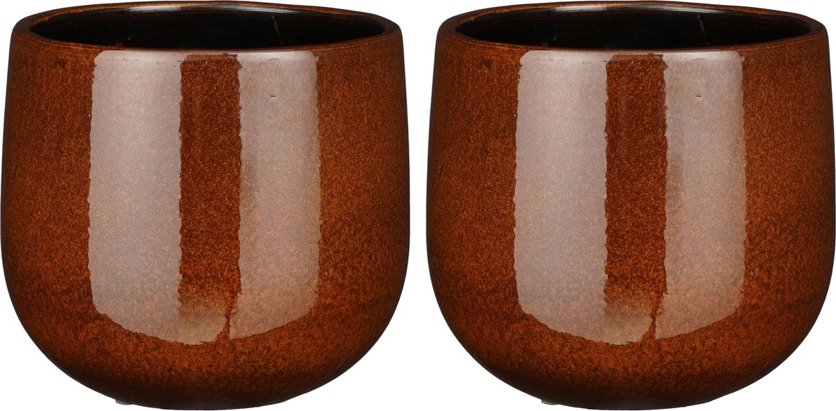 2x stuks mica decorations plantenpot/bloempot - keramiek - terra bruin glans/spotted- d18/h16 cm