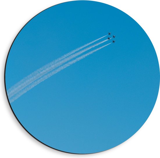 WallClassics - Dibond Muurcirkel - Groep van Vier Vliegtuigen met Vliegstrepen - 40x40 cm Foto op Aluminium Muurcirkel (met ophangsysteem)