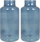 Floran Bloemenvaas Milan - 2x - transparant blauw glas - D15 x H30 cm - melkbus vaas met smalle hals