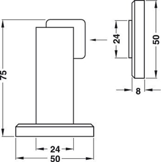 Technische tekening van een magnetische deurstopper met afmetingen in mm: hoogte 75, breedte 50, diepte 24, afstand 8.