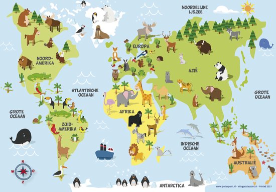 Kinderkaart wereld - poster - dieren - oceanen - Europa - Afrika - Amerika - 70 x 100 cm