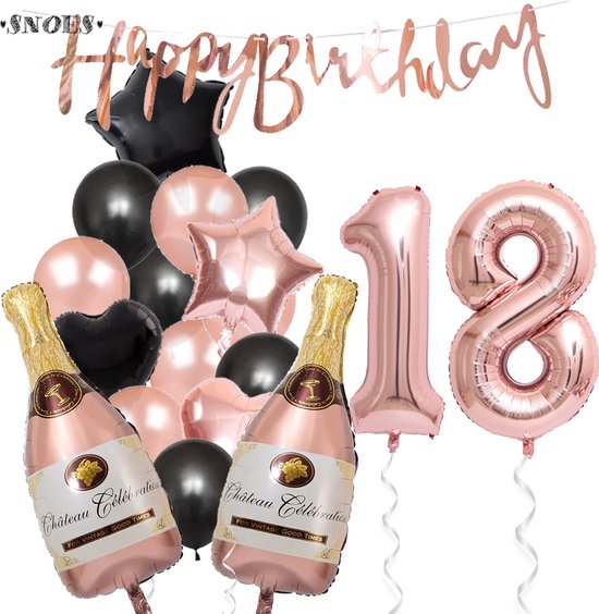 18 Jaar Verjaardag Cijferballon 18 - Feestpakket Snoes Ballonnen Pop The Bottles - Rose Zwart Versiering