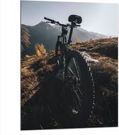 WallClassics - Dibond - Geparkeerde Mountainbikefiets in Berglandschap - 75x100 cm Foto op Aluminium (Met Ophangsysteem)