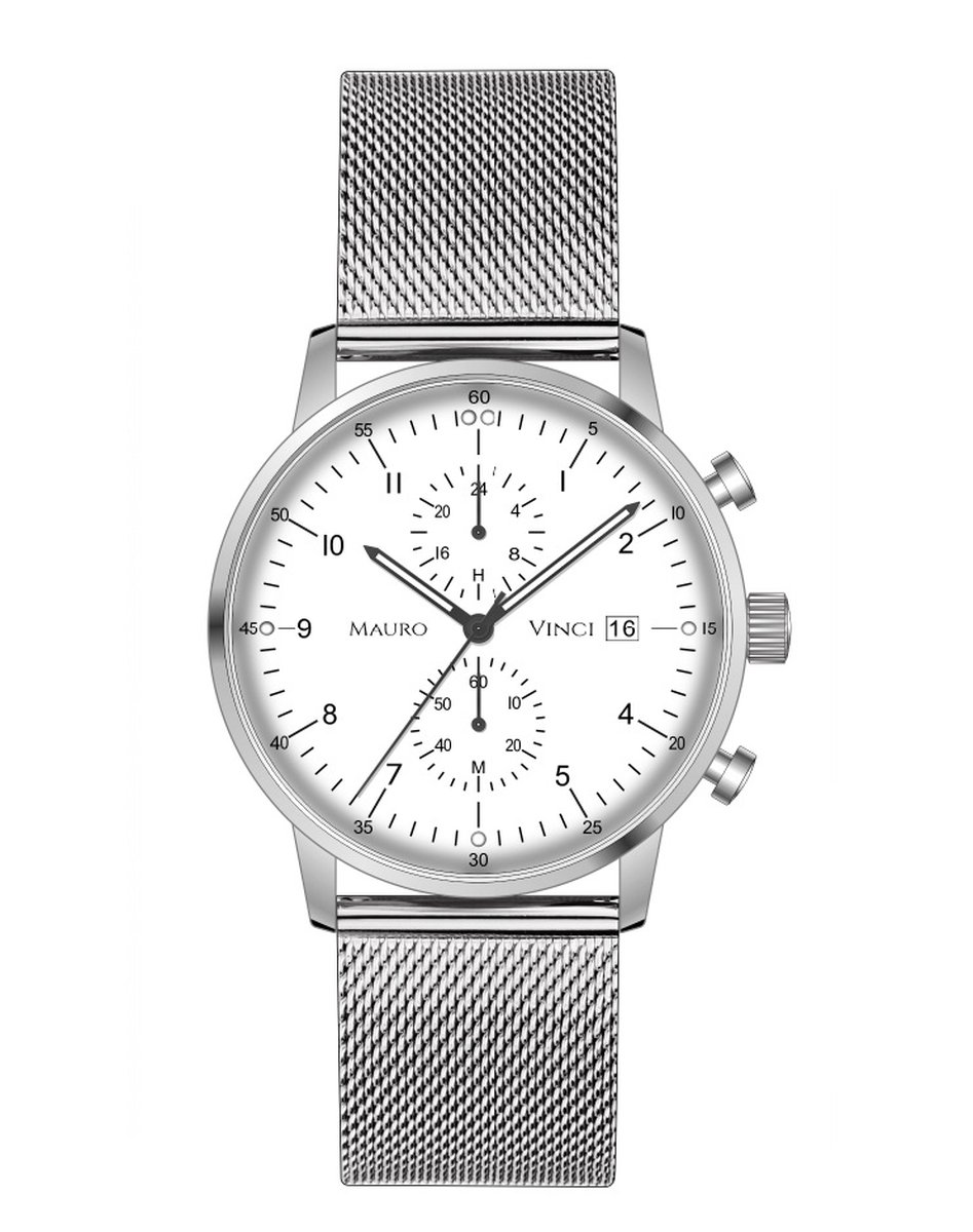 Horloge heren wit- Mauro Vinci Staal Zilver - Wit met lederen bewaardoos - Business line 420 stalen horloge met Japans binnenwerk