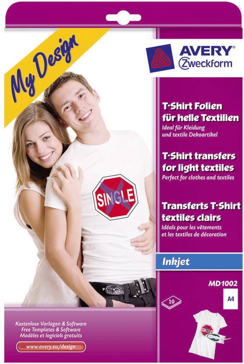 Avery-Zweckform My Design T-Shirt MD1002 Inkjet-textielfolie DIN A4 Voor licht textiel, Geoptimaliseerd voor inkjet 10