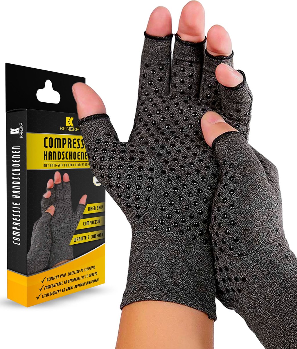 Kangka Therapeutische Reuma Handschoenen met Antislip en Open Vingertoppen Maat L - Grijs