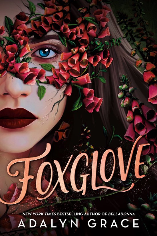 Boekomslag 'Foxglove' met een oog van een vrouw dat deels bedekt is met rode vingerhoedskruiden.