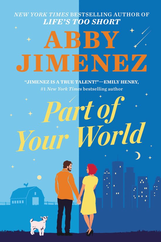 Boek 'Part of Your World' van Abby Jimenez. Een koppel staat hand in hand met een hondje en een boerderij op de achtergrond aan de ene kant en een stad aan de andere kant.