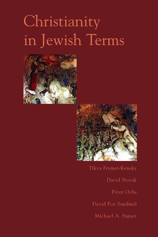 Boek 'Christianity in Jewish Terms' met twee schilderijen en namen van auteurs op een rode achtergrond.