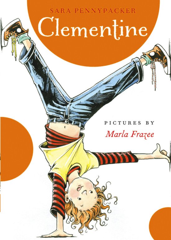 Clementine, een boek met een meisje in een handstand met een gele top met strepen en een spijkerbroek.