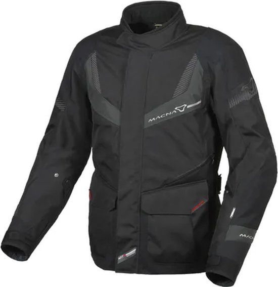 Zwarte Macna motorjas met grijze accenten, dubbele voorzakken en reflecterende details.