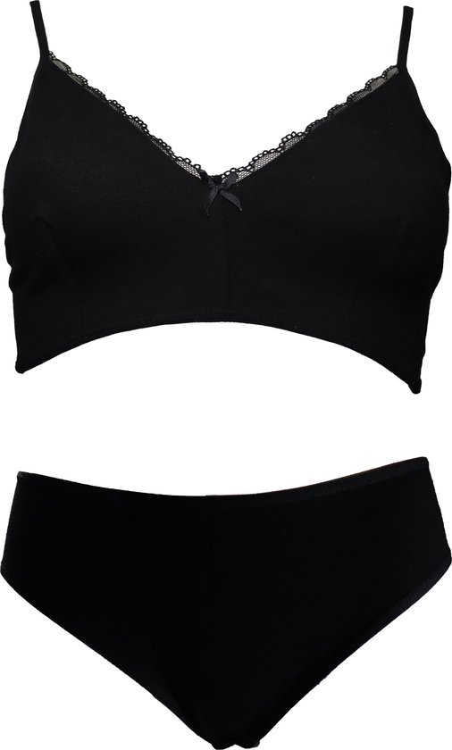 Vanilla - Soutien-gorge pour femme avec slip, Soutien-gorge sans armatures, Lingerie - Coton égyptien - Zwart - XL