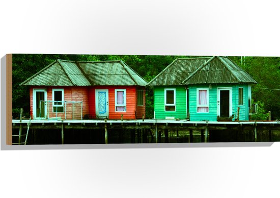 WallClassics - Hout - Huizen boven het Water - 90x30 cm - 9 mm dik - Foto op Hout (Met Ophangsysteem)