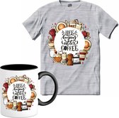 Life Begins After Coffee | Koffie - Coffee - Vintage - T-Shirt met mok - Unisex - Donker Grijs - Gemêleerd - Maat 3XL