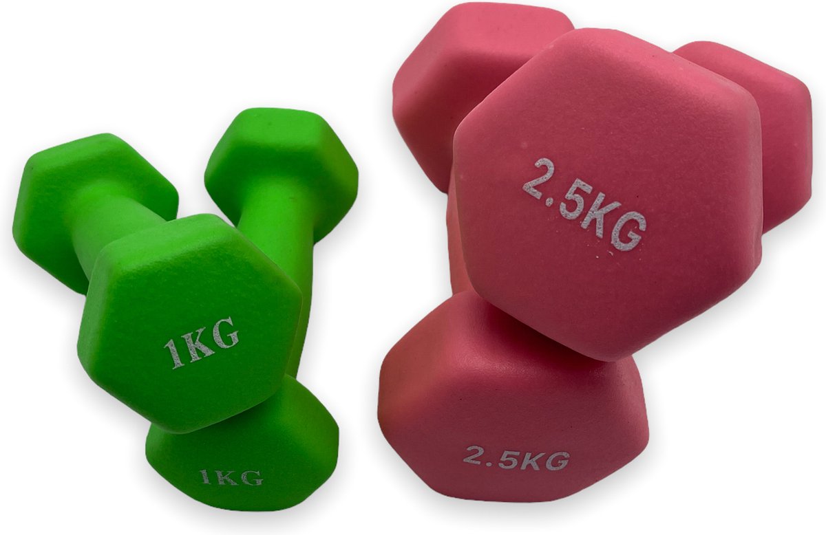 dumbells - Neopreen set 1 en 2,5 kg - dumbellset - fitness gewicht - groen en roze - gewichtjes 1 kg