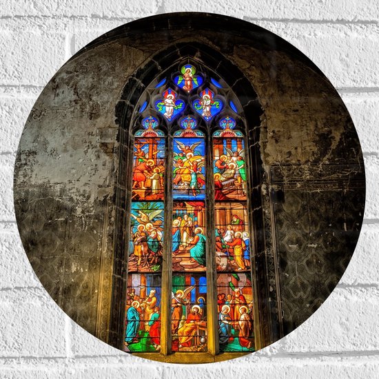 WallClassics - Muursticker Cirkel - Glas-in-lood Raam in de Notre-Dame Kerk - 40x40 cm Foto op Muursticker