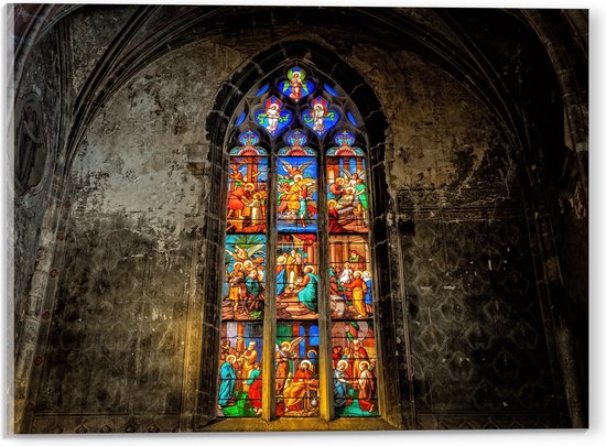 WallClassics - Acrylglas - Glas-in-lood Raam in de Notre-Dame Kerk - 40x30 cm Foto op Acrylglas (Wanddecoratie op Acrylaat)