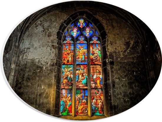 WallClassics - PVC Schuimplaat Ovaal - Glas-in-lood Raam in de Notre-Dame Kerk - 28x21 cm Foto op Ovaal (Met Ophangsysteem)