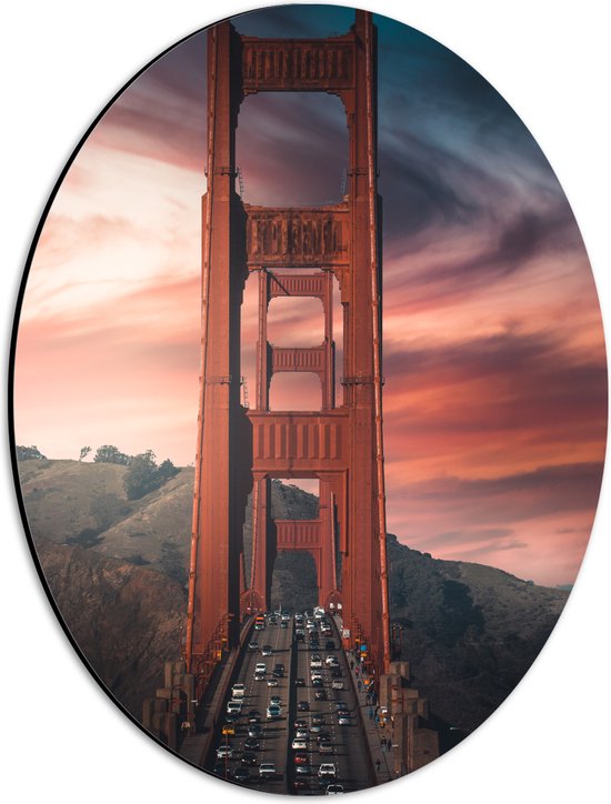 WallClassics - Dibond Ovaal - Brug over het Water - San Francisco - 30x40 cm Foto op Ovaal (Met Ophangsysteem)