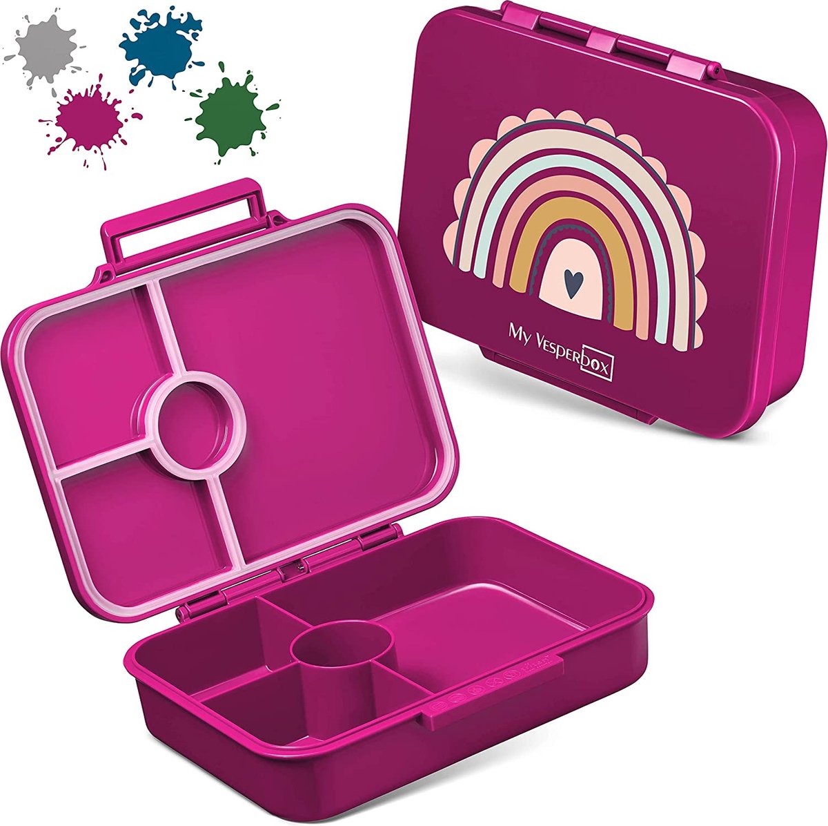 My Vesperbox - Bia - Bento Box Kinderen - NIEUW - VERSTERKTE SLUITINGEN - Lekvrij & BPA-vrij - Extreem robuust - Lunchbox - Lunchbox - Ideaal voor kleuterschool en school... (Paars - Regenboog)