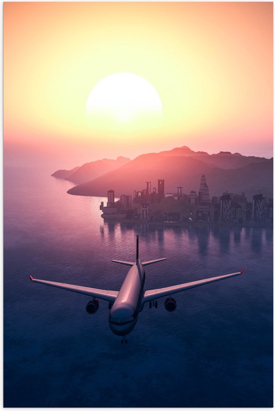 WallClassics - Poster brillant - Avion au coucher du soleil sur la mer - Photo 60x90 cm sur papier poster brillant