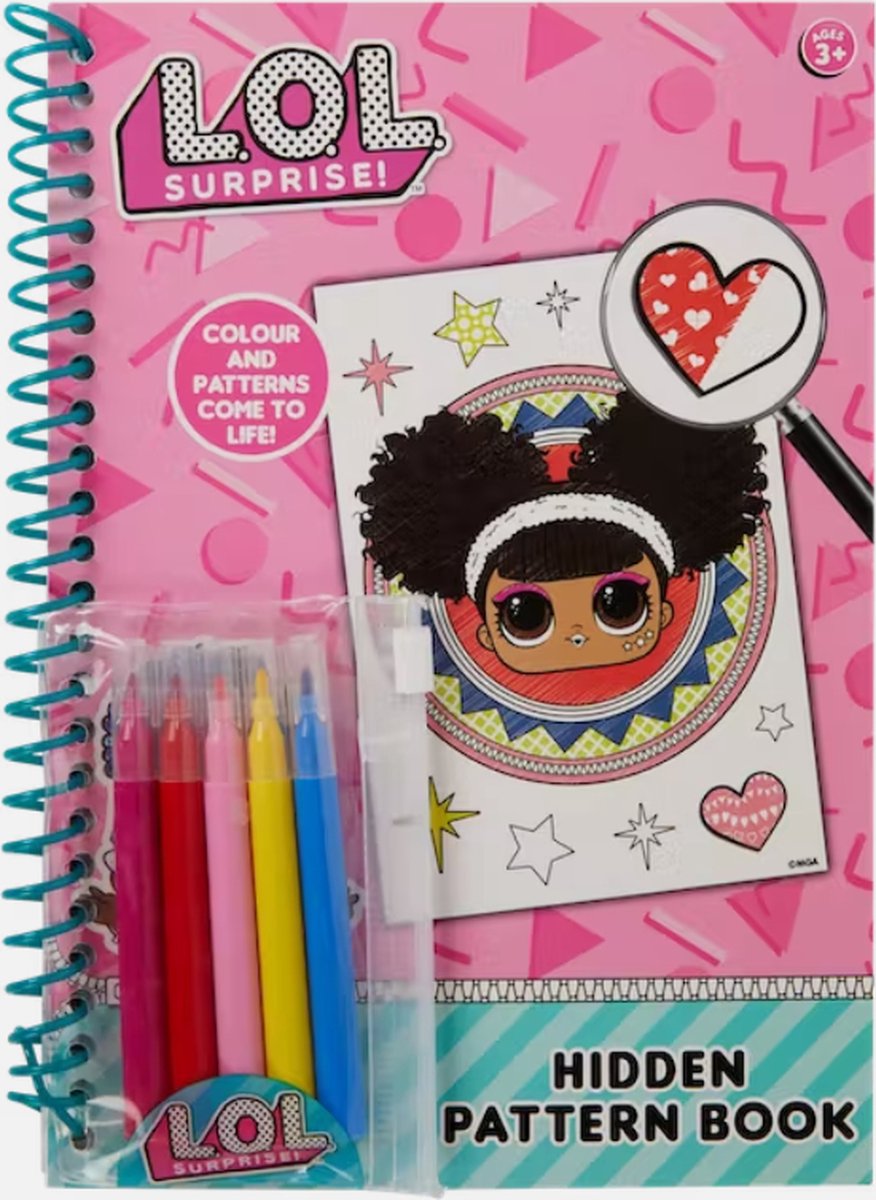 Kleurboek LOL SURPRISE met 5 stiften Ga met de stiften over de witte vlakken dan komen de verborgen patronen naar voren komen