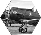 WallClassics - Dibond Hexagon - Piloot in Stuntvliegtuig in het zwart-wit - 70x60.9 cm Foto op Hexagon (Met Ophangsysteem)