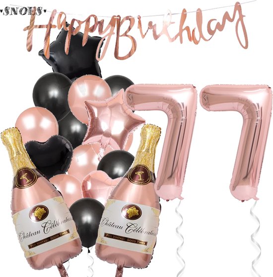 77 Jaar Verjaardag Cijferballon 77 - Feestpakket Snoes Ballonnen Pop The Bottles - Rose Zwart Versiering