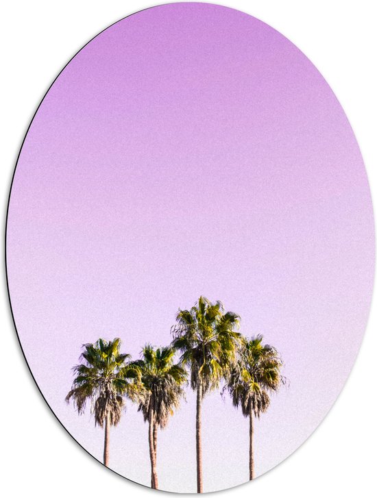 Dibond Ovaal - Vier Hoge Smalle Palmbomen op Pastelroze Achtergrond - 72x96 cm Foto op Ovaal (Met Ophangsysteem)