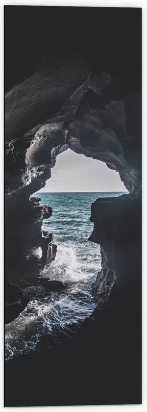 Dibond - Uitkijk op Zee vanuit Smalle Grot - 40x120 cm Foto op Aluminium (Met Ophangsysteem)