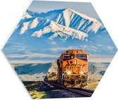 WallClassics - PVC Schuimplaat Hexagon - Oranje Trein in IJslandschap op Spoor - 50x43.5 cm Foto op Hexagon (Met Ophangsysteem)