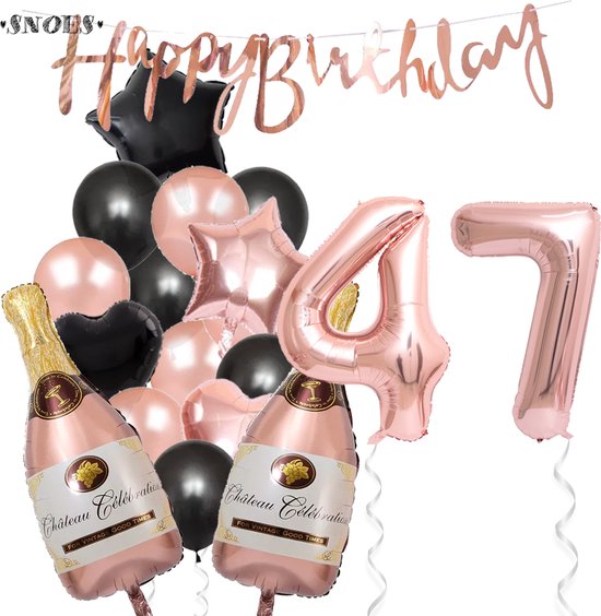 47 Jaar Verjaardag Cijferballon 47 - Feestpakket Snoes Ballonnen Pop The Bottles - Rose Zwart Versiering