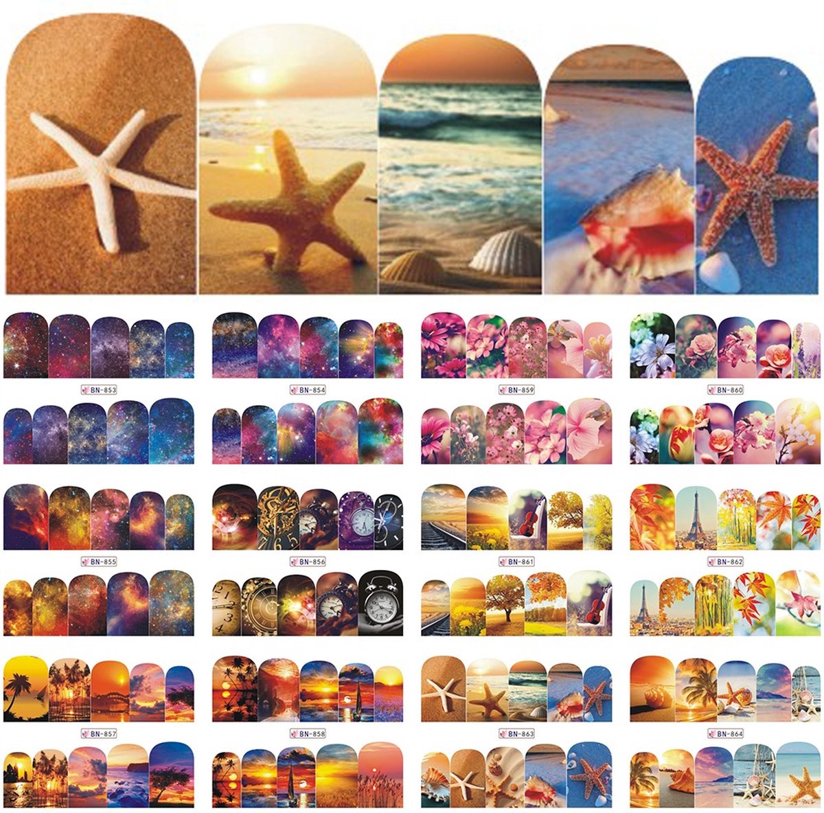 Goedkoopste 12 Stuks Nagelstickers – Sunset – Strand, Zeester, Galaxy, Bloemen – Nail Art Stickers