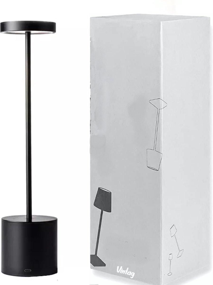 Oplaadbare Tafellamp - Touch aan/uit knop - 3 standen - Dimbaar - 3500 - 6000 Kelvin - 300 Lumen - 6-8 uur Brandtijd - Modern - Draadloos - USB C Oplaadbaar - Aluminium - incl kabel - Mat zwart - Stijlvol