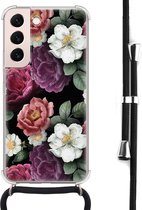 Hoesje met koord - Geschikt voor Samsung Galaxy S22 - Flowers - Verstelbaar zwart koord - Crossbody - Bloemen - Transparant, Multi - Leuke Telefoonhoesjes