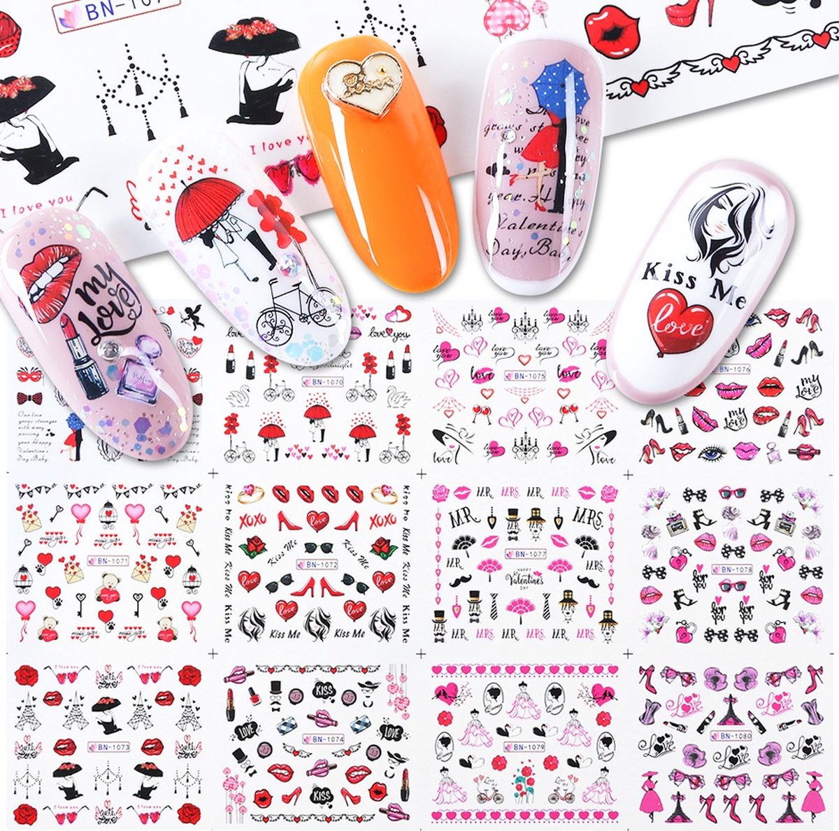 Goedkoopste 12 Stuks Nagelstickers – Parijs Lippen, Hakken, Hartjes, Lippenstift, Zonnebril – Nail Art Stickers