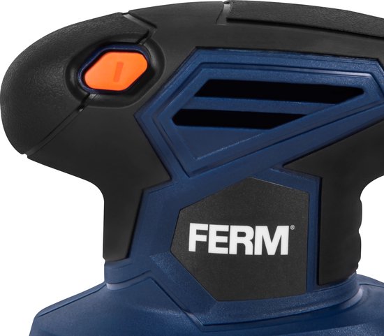 Close-up van een FERM detail schuurmachine met oranje knop en blauwe details.