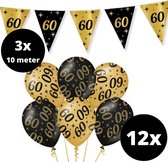 Verjaardag Versiering Pakket 60 jaar Zwart en Goud - Ballonnen Goud & Zwart (12 stuks) - Vlaggenlijn Goud Zwart 10 meter (3 stuks) - Vlaggenlijn gekleurd 60 jarige - Vlaggetjes Slinger Verjaardag 60 Birthday - Birthday Party Decoratie (60 Jaar)