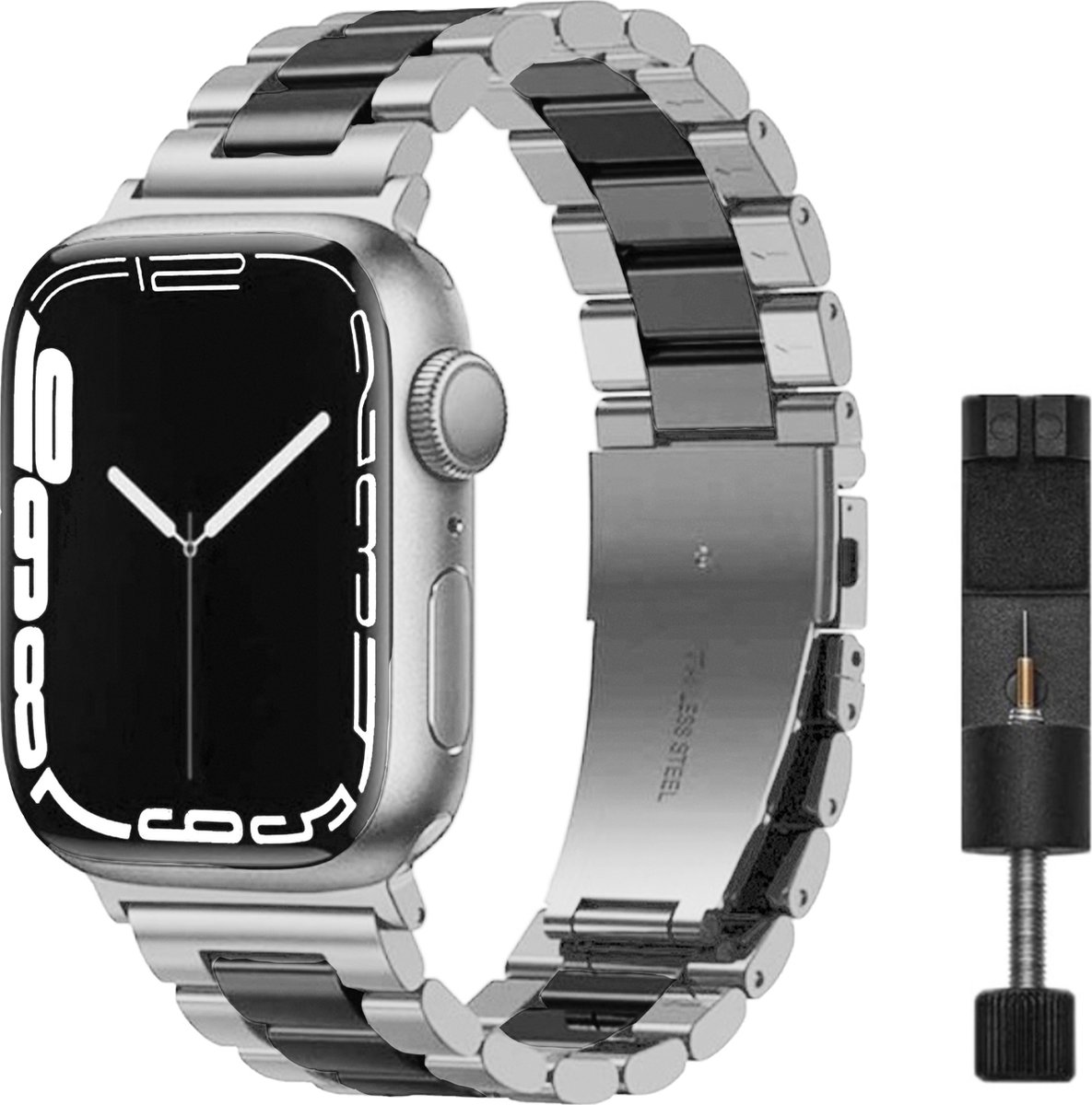 MY PROTECT - Luxe Metalen Bandje - Geschikt Voor Apple Watch Bandje - Series 1/2/3/4/5/6/7/8/9/10/SE/Ultra - 44mm - 45mm - 46mm - 49mm - Zilver Zwart