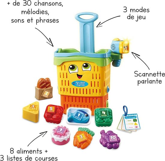 Gele boodschappenkar met gezichtje, met 8 stukken speelgoedeten, scanner en kaartjes. Tekst in het Frans.