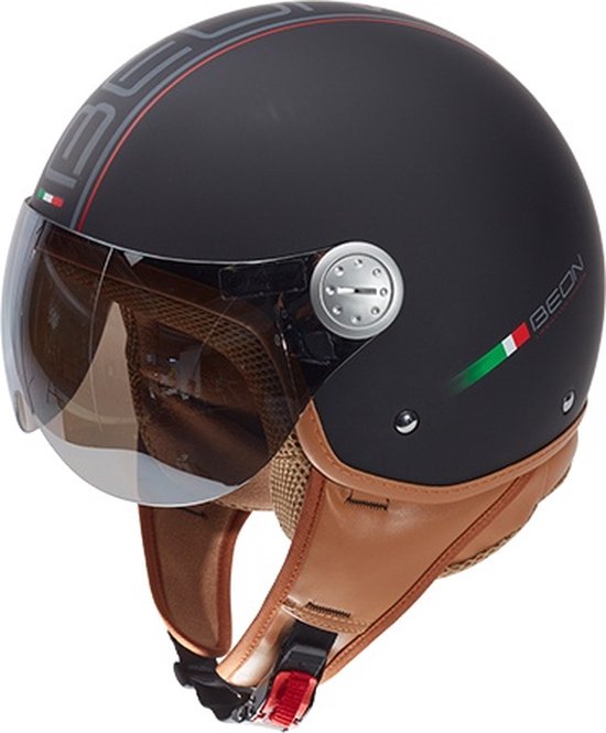 Beon Design luxe - Geschikt als Snorfiets Brommer Motor Scooter helm - Retro Vespa jethelm met Vizier - Volwassenen - S - Mat Zwart - Gratis helmtas