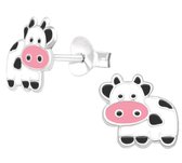 Joy|S - Zilveren koe oorbellen - 9 x 8 mm - zwart wit roze - kinderoorbellen