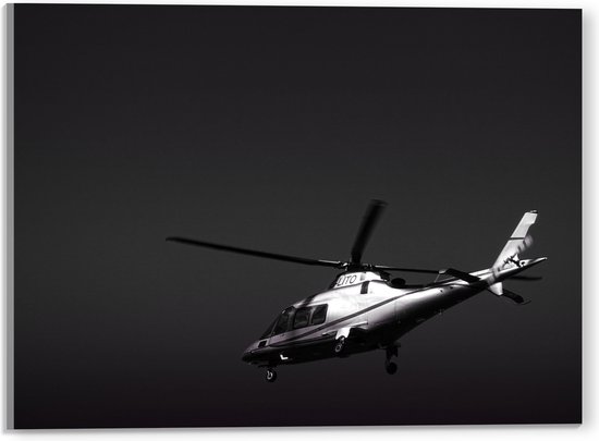 WallClassics - Acrylglas - Vliegende Helikopter in Zwart Wit - 40x30 cm Foto op Acrylglas (Wanddecoratie op Acrylaat)