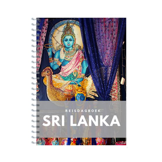 Reisdagboek Sri Lanka met een afbeelding van een blauwe godheid en sprankelende gordijnen.