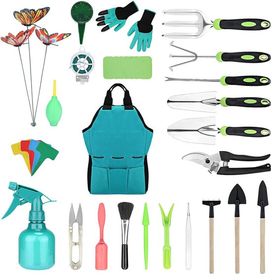 LATERN Tuingereedschapsset, 10 stuks, roestvrij staal, tuingereedschap, ergonomische handgreep, schep en tuinschaar, hark, watersproeier, tuincadeaus voor vrouwen en mannen (37 cm x 28 cm