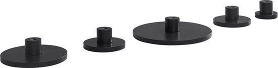 Vijf zwarte metalen wandhaakbases in verschillende maten.